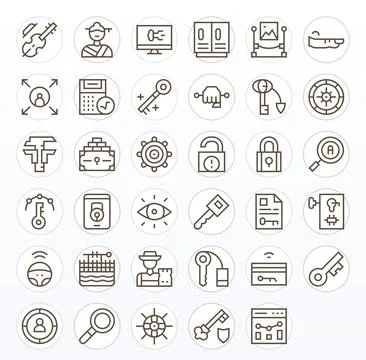 Key including 35 128x128 Regular Line Vector Illustrations Illustrazione stock
