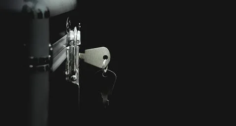 The key is inserted in the aluminum box Foto stock
