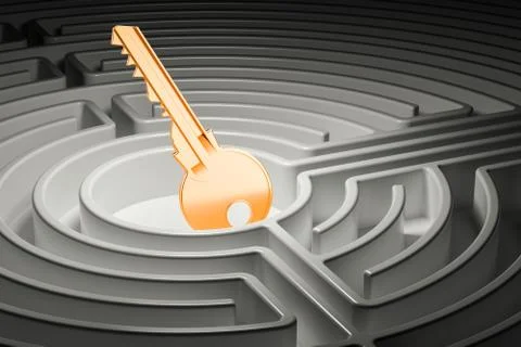 Key inside labyrinth maze, 3D rendering Stock Illustration