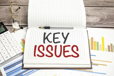 KEY ISSUES text on notebook, wooden background Stock-Fotos