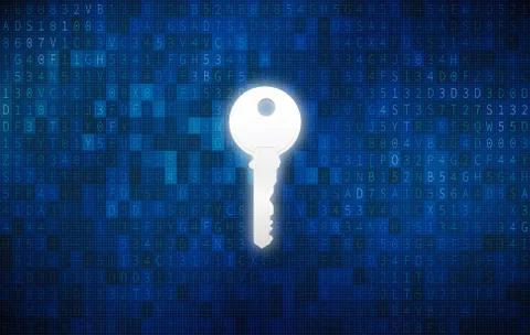 Key in keyhole with digital abstract technology background in security concep Stock Photos
