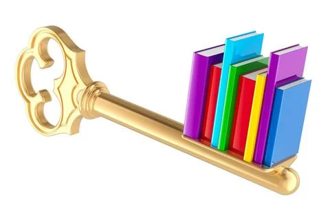Key of knowledge, concept. Key with books. 3D rendering Key of knowledge, ... Stock Photos