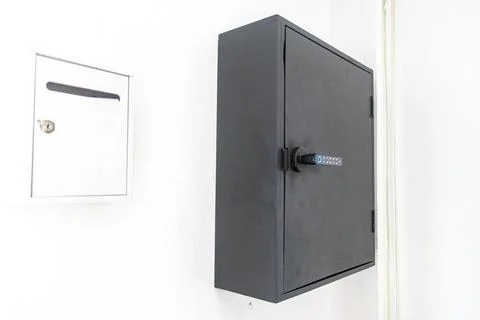 Key lock box with pin code mounted on hotel lobby wall Thailand. Stock Photos