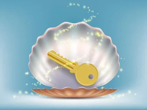 Key to the lock in a open sea shell. Stock-Illustration