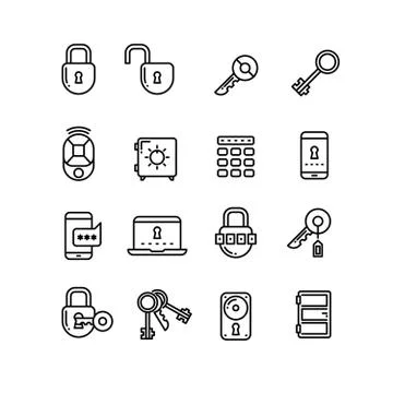 Key, lock, padlock, safe, door, security thin line vector icons Illustrazione stock