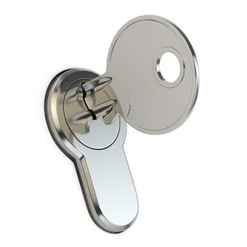 Key in the lock on white isolated background. Stock Photos