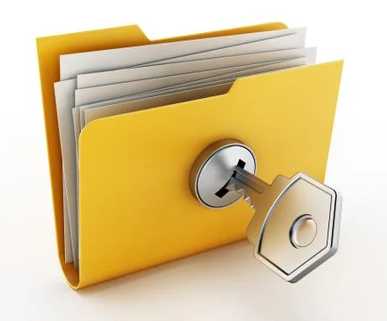 Key on locked yellow folder. 3D illustration Stockillustratie