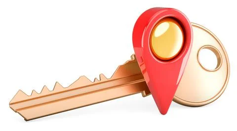 Key with map pointer, 3D rendering Illustrazione stock