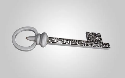 The key is a maze, on a gray gradient background. Stock Illustration