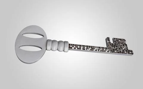 The key is a maze, on a gray gradient background. Stock Illustration