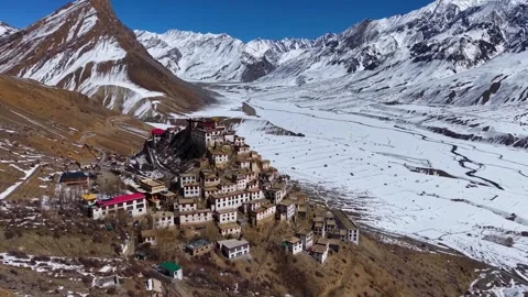 Key Monastery Aerial View Snow Covered Himalayan Peaks 4K Vídeos de archivo 331430554