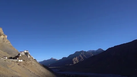Key monestery entry road pan shot- spiti valley Stock Footage 83250363