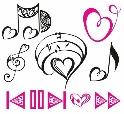 Key notes with hearts elementes. Collection of music elements Stock Illustration