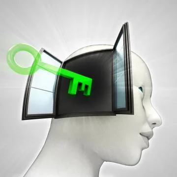 Key opening  human head through window memory concept illustration Illustrazione stock