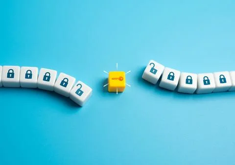 A key that opens a chain of locks and restrictions. The concept of resolving  스톡 사진