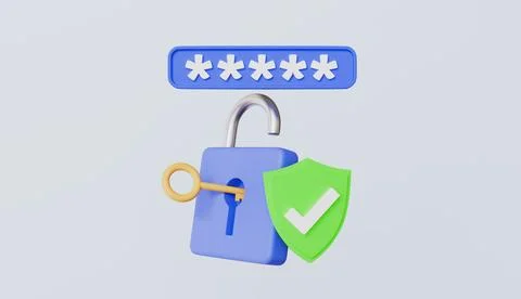 Key with padlock and green shield with cross mark, password verification Stock Illustration