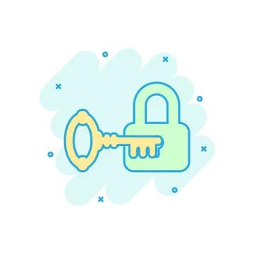 Key with padlock icon in comic style. Access login vector cartoon illustratio Stock Illustration