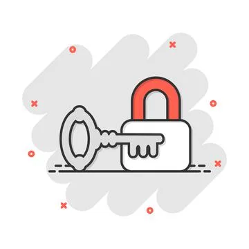 Key with padlock icon in comic style. Access login vector cartoon illustratio Stock Illustration