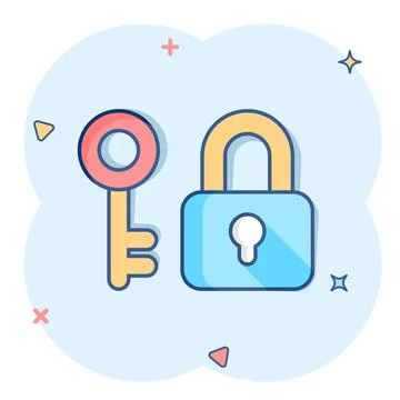 Key with padlock icon in comic style. Access login vector cartoon illustratio Stock Illustration