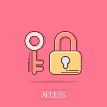 Key with padlock icon in comic style. Access login vector cartoon illustrat.. Stock Illustration