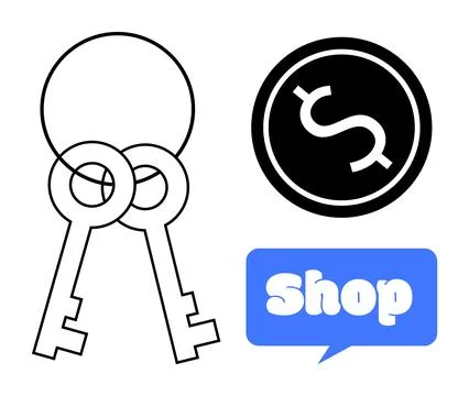 Key Pair with Dollar Sign and Shop Text Bubble for Security and Commerce Ilustração Stock