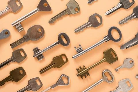 Key pattern. Background from different old keys. view from above. Stock Photos