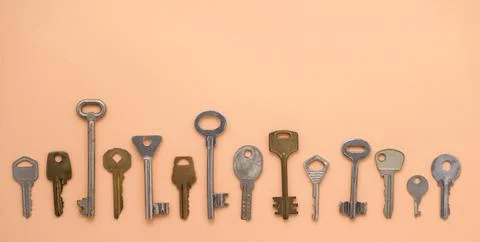 Key pattern. Background from different old keys. view from above. Stock Photos