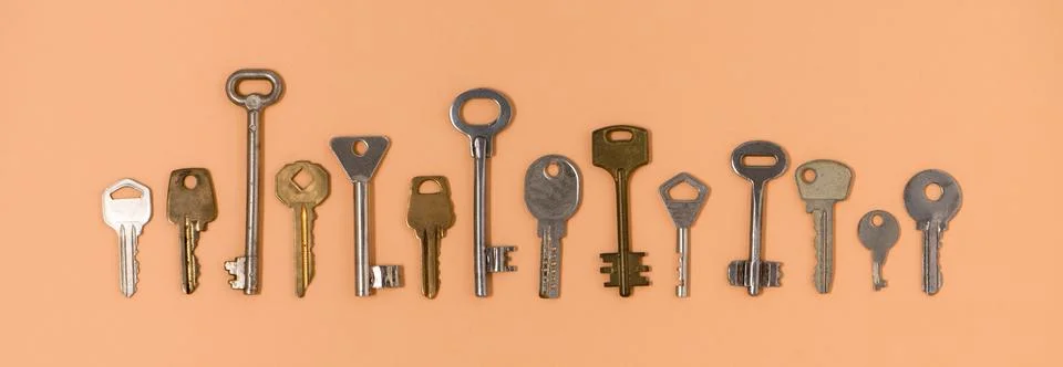 Key pattern. Background from different old keys. view from above. Stock Photos
