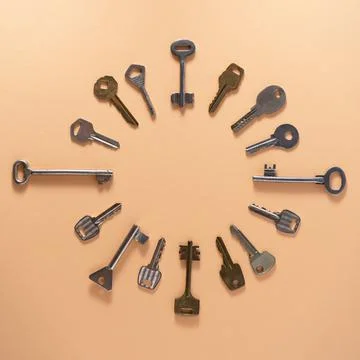 Key pattern. Background from different old keys. view from above. Stock Photos
