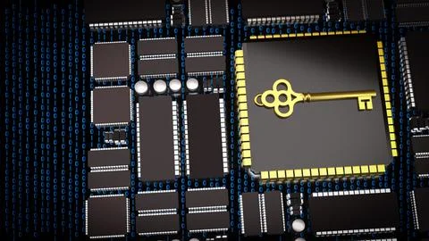 The Key on PCB board for IT security concept 3d Rendering. Illustrazione stock