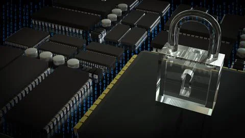 The Key on PCB board for IT security concept 3d Rendering. Stock Illustration