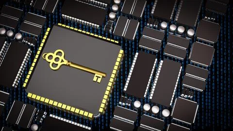 The Key on PCB board for IT security concept 3d Rendering. Stock Illustration