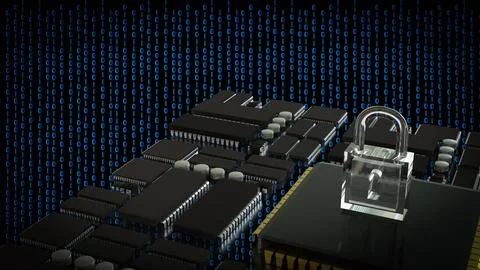 The Key on PCB board for IT security concept 3d Rendering. Ilustración de archivo