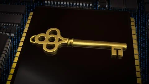 The Key on PCB board for IT security concept 3d Rendering. Stock Illustration