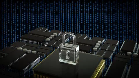 The Key on PCB board for IT security concept 3d Rendering. Ilustración de archivo