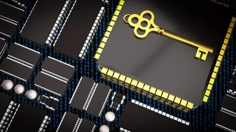 The Key on PCB board for IT security concept 3d Rendering. イラスト素材
