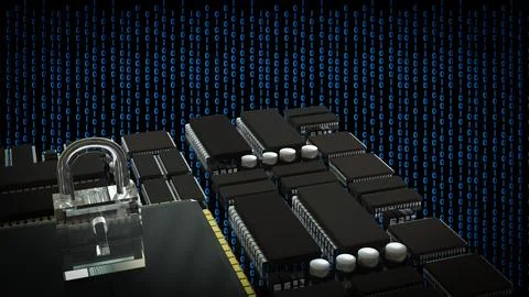 The Key on PCB board for IT security concept 3d Rendering. Stock Illustration