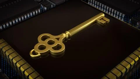 The Key on PCB board for IT security concept 3d Rendering. Stock Illustration