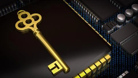 The Key on PCB board for IT security concept 3d Rendering. Stock Illustration