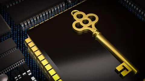 The Key on PCB board for IT security concept 3d Rendering. Stock Photos