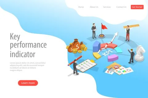 Key performance indicator flat isometric vector landing page template. Stock Illustration