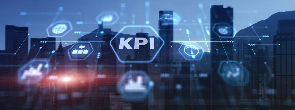 Key Performance Indicator KPI using Business Intelligence BI on city background Stock Illustration
