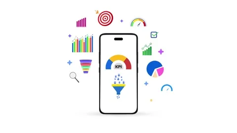 Key performance indicator showing on the mobile phone screen with floating Stock Footage 313344302