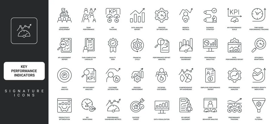 Key Performance Indicators, business development metrics evaluation line icon Stock Illustration