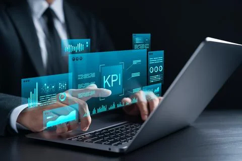 Key Performance Indicators KPI Dashboard, Businessman using laptop dashboar.. Stock Photos