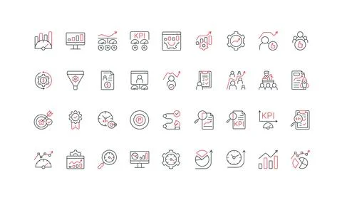 Key Performance Indicators, metrics analysis, data report research line icon set Stock Illustration