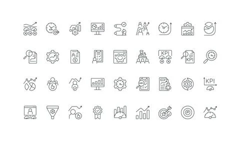 Key Performance Indicators, metrics analysis, data report research line icon set Stock Illustration