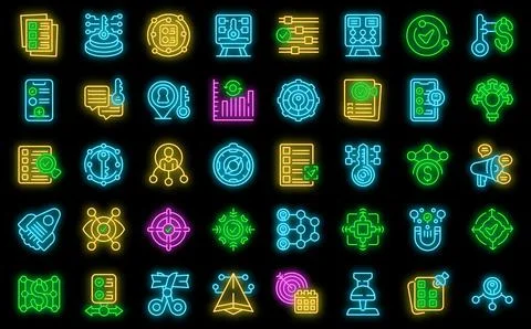 Key points icons set vector neon Stock Illustration