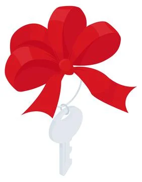 Key with red bow isometric Icon sign. Stock Illustration