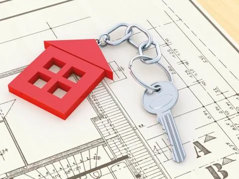 Key with red key chain formed like a house lying on construction plan, 3D Illustrazione stock
